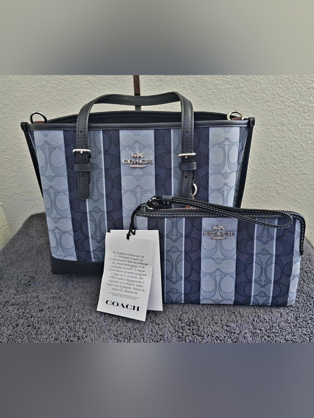 NWOT COACH C8416 Mollie 25 Tote Bag Multi Blue Jacquard Stripe w/NWT Wristlet
